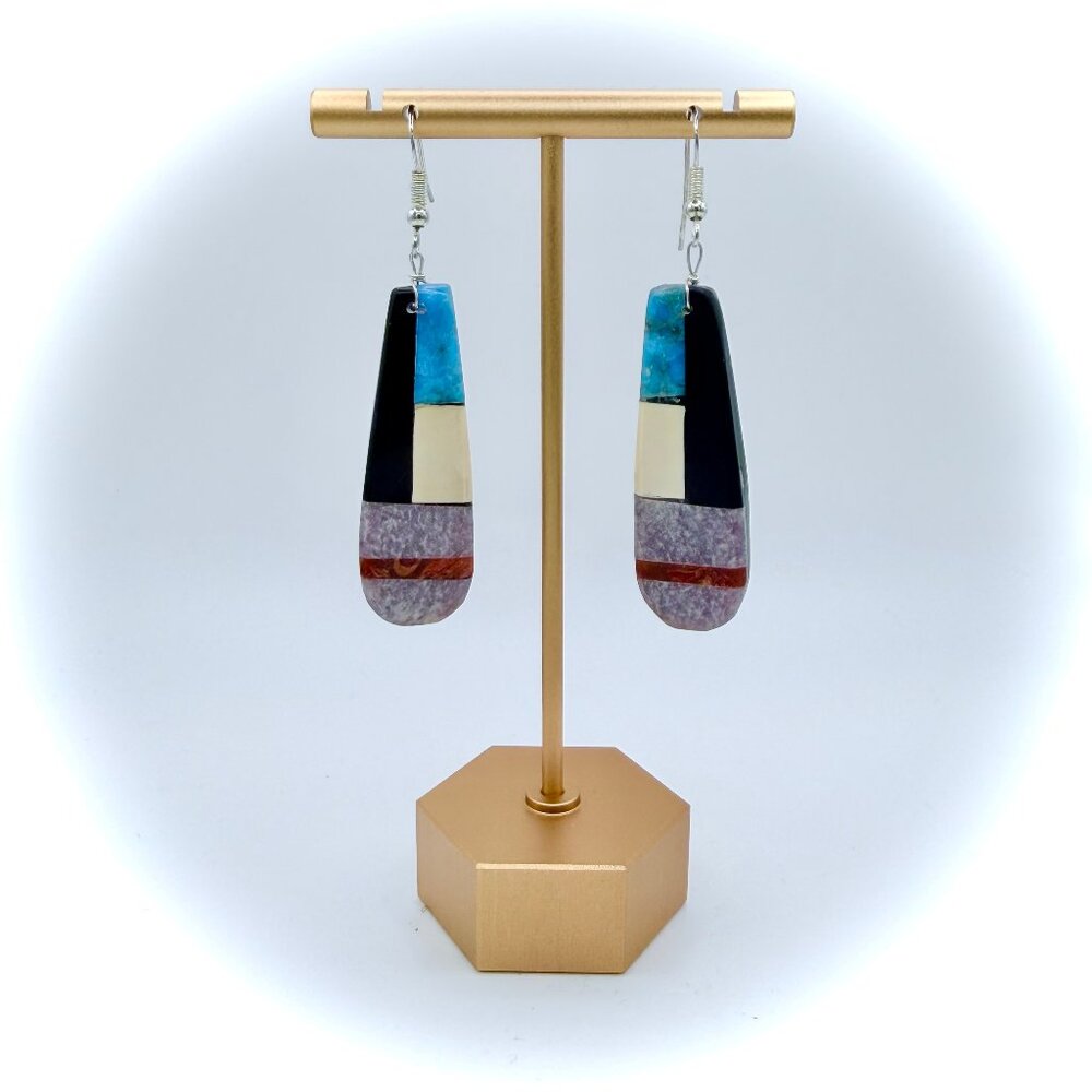 DELBERT CRESPIN Inlay Tear Drop Pueblo Earrings (Onyx, Turquoise, Spiny Oyster)